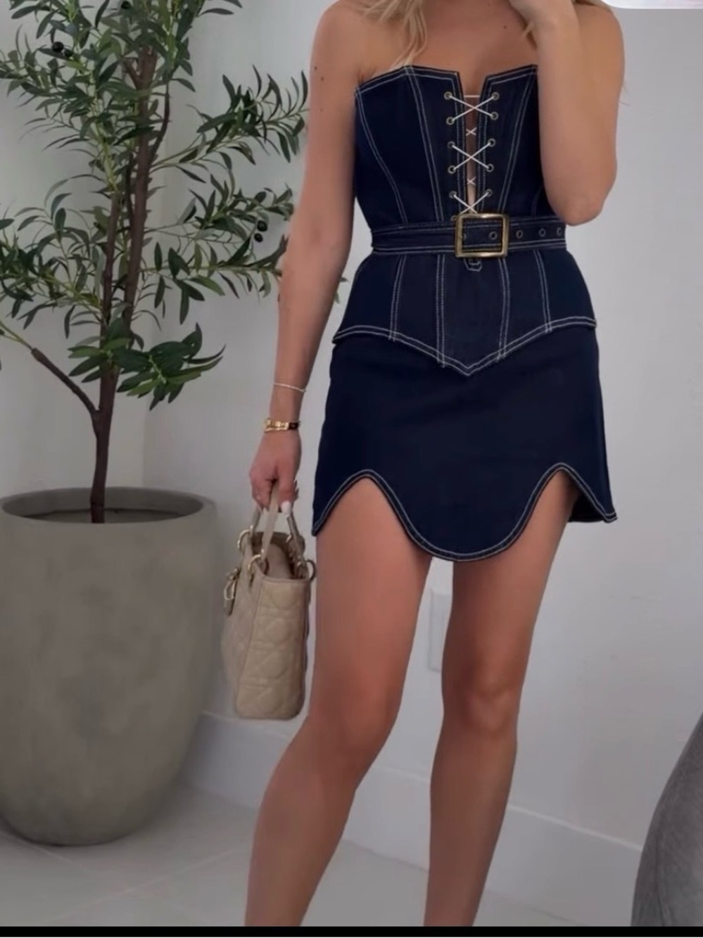 Strapless Navy Lace-Up Corset Mini Dress with Belt